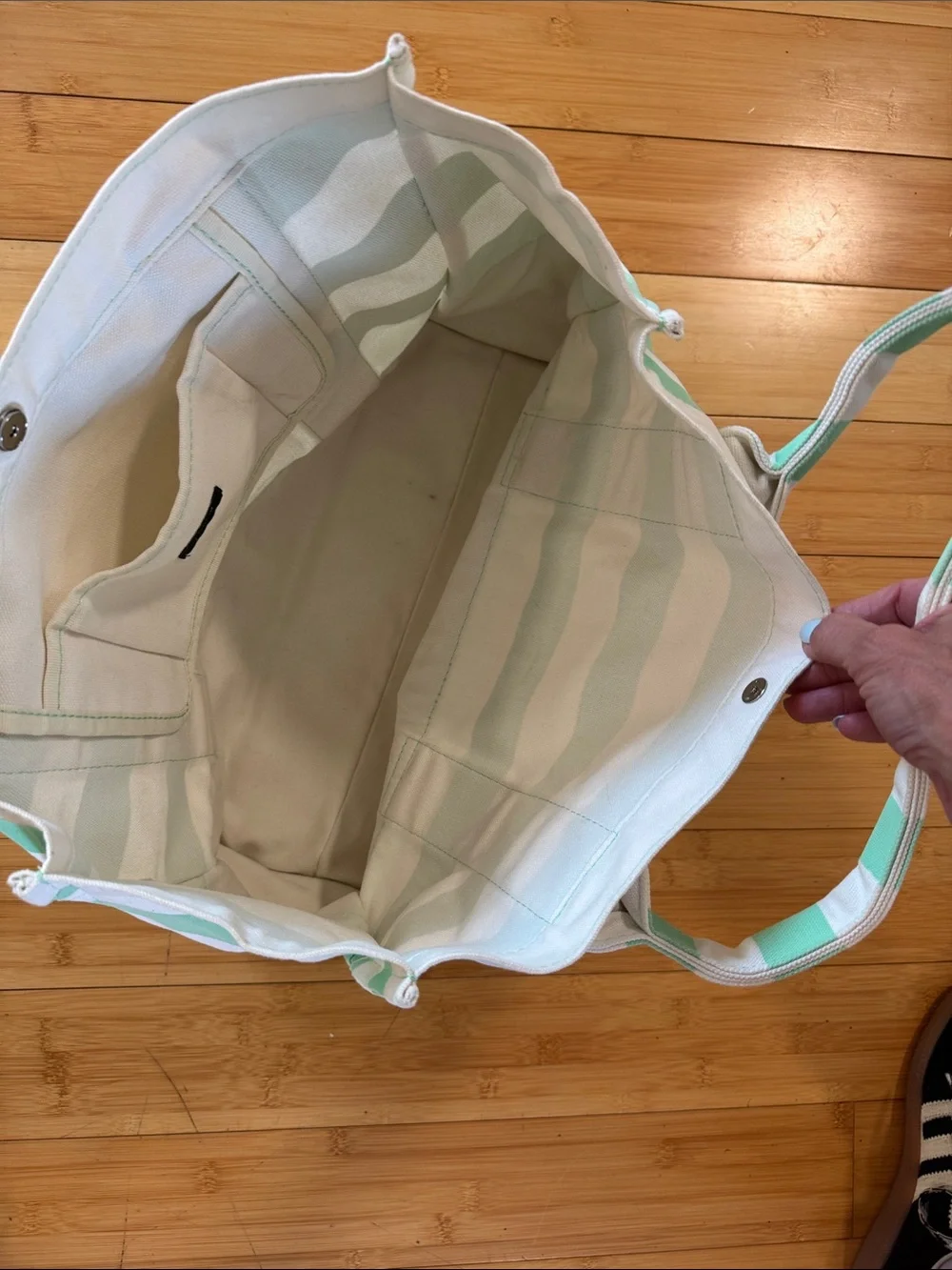 J. Crew Mint and White Striped Canvas Tote